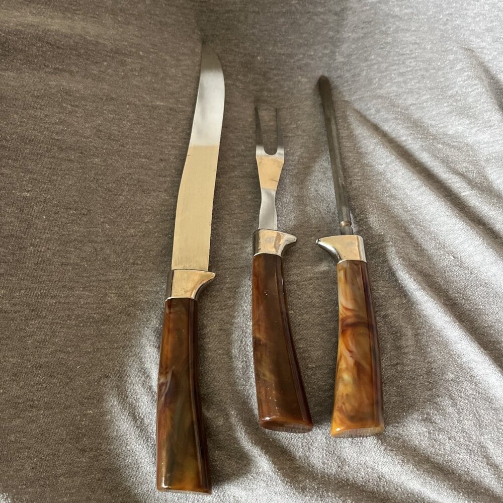 Vtg Sheffield England Warwick 3 Piece Cutlery Carving Set Tortoise Shell Handle